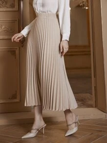 Modelyn Solid Elastic Waist Pleated Skirt - Beige - View 3