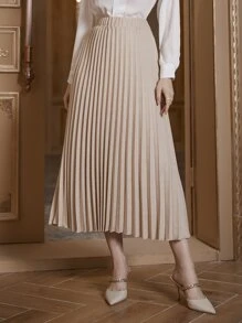Modelyn Solid Elastic Waist Pleated Skirt - Beige - View 5