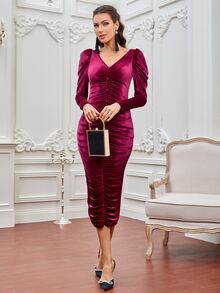 Modelyn Vestido de manga farol fruncido de terciopelo - Morado - Ver 5