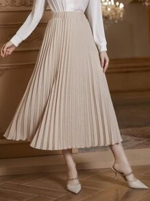 Modelyn Solid Elastic Waist Pleated Skirt - Beige - View 6
