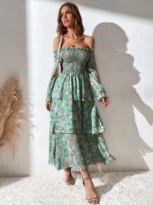 Mulvari Allover Floral Print Off The Shoulder Shirred Layered Hem Dress Maxi Women Outfit - Green - View 1