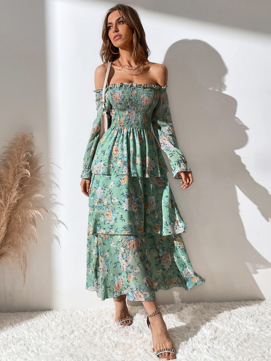 Mulvari Allover Floral Print Off The Shoulder Shirred Layered Hem Dress Maxi Women Outfit - Green - View 1