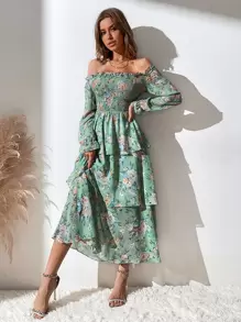 Mulvari Allover Floral Print Off The Shoulder Shirred Layered Hem Dress Maxi Women Outfit - Green - View 3