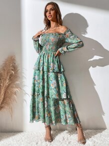 Mulvari Allover Floral Print Off The Shoulder Shirred Layered Hem Dress Maxi Women Outfit - Green - View 4