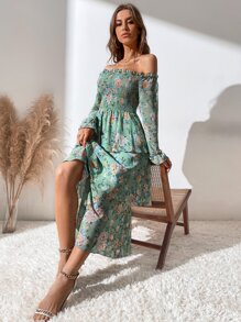 Mulvari Allover Floral Print Off The Shoulder Shirred Layered Hem Dress Maxi Women Outfit - Green - View 6