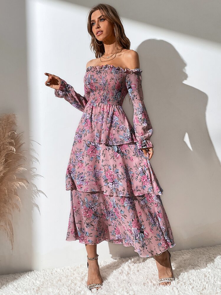 Mulvari Allover Floral Print Off The Shoulder Shirred Layered Hem Dress Fall Cloth For Women