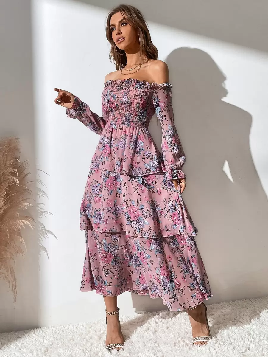 Mulvari Đầm phân lớp Dải chun Hoa Tất cả trên in Boho - Bụi hồng - Xem 1