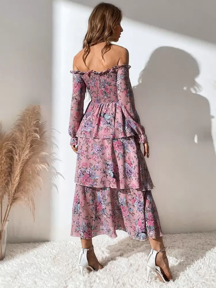 Allover Floral Print Off The Shoulder Shirred Layered Hem Dress Fall Cloth For Women