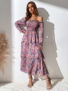 Mulvari Đầm phân lớp Dải chun Hoa Tất cả trên in Boho - Bụi hồng - Xem 3