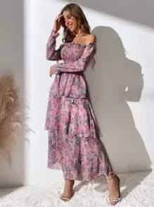 Mulvari Đầm phân lớp Dải chun Hoa Tất cả trên in Boho - Bụi hồng - Xem 4