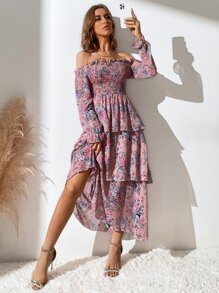 Mulvari Đầm phân lớp Dải chun Hoa Tất cả trên in Boho - Bụi hồng - Xem 5