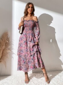 Mulvari Đầm phân lớp Dải chun Hoa Tất cả trên in Boho - Bụi hồng - Xem 6