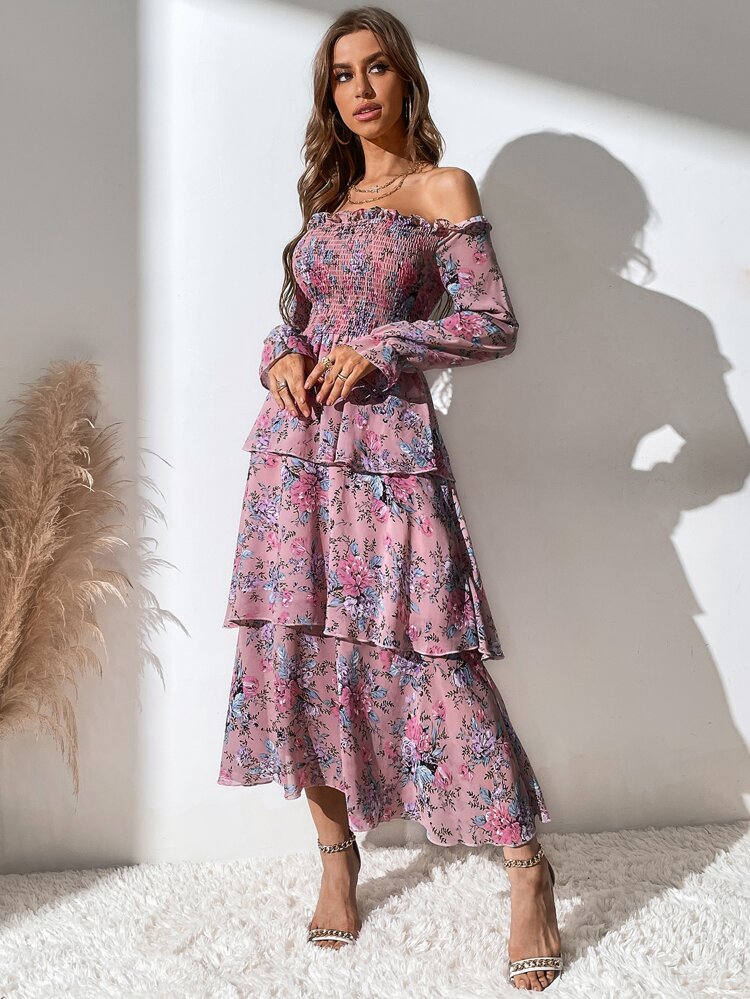 Allover Floral Print Off The Shoulder Shirred Layered Hem Dress Fall Cloth For Women