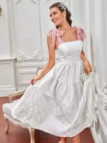 Modelyn Contrast Panel Tie Shoulder Jacquard Ruffle Hem  Dress - White - View 1