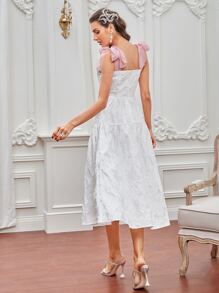 Modelyn Contrast Panel Tie Shoulder Jacquard Ruffle Hem  Dress - White - View 2