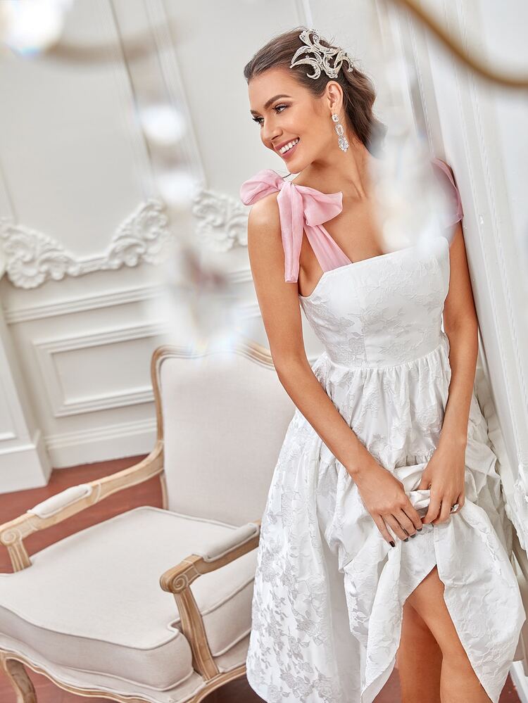 Modelyn Contrast Panel Tie Shoulder Jacquard Ruffle Hem  Dress - White - View 3