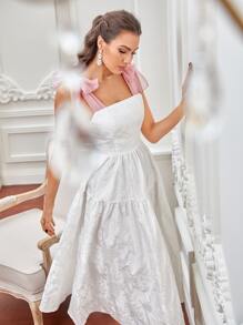 Modelyn Contrast Panel Tie Shoulder Jacquard Ruffle Hem  Dress - White - View 4