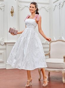 Modelyn Contrast Panel Tie Shoulder Jacquard Ruffle Hem  Dress - White - View 5