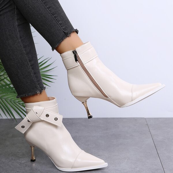 

Grommet Eyelet Decor Side Zipper Point Toe Ankle Boots, White