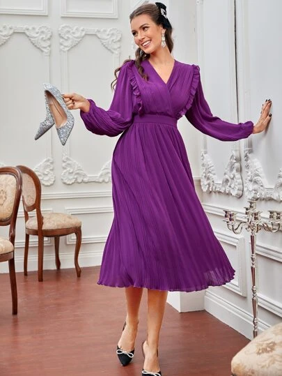 Modelyn 褶邊燈籠袖褶皺A字連衣裙