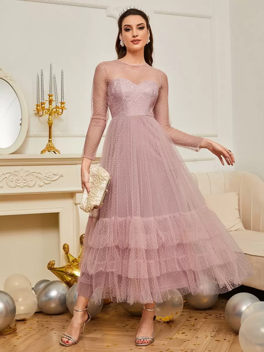 SHEIN Vestido de fiesta con encaje en contraste ribete con fruncido lunares de malla - Rosa vieja - Ver 1