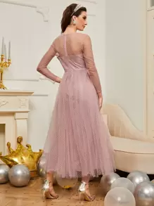 SHEIN Vestido de fiesta con encaje en contraste ribete con fruncido lunares de malla - Rosa vieja - Ver 2