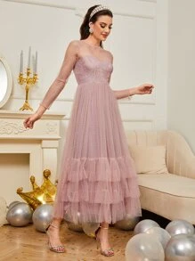 SHEIN Vestido de fiesta con encaje en contraste ribete con fruncido lunares de malla - Rosa vieja - Ver 3