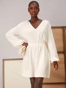 SHEIN Lantern Sleeve Elastic Waist A-line Dress - Apricot - View 1