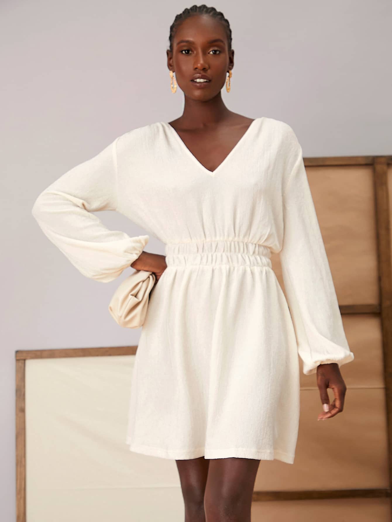 SHEIN Lantern Sleeve Elastic Waist A-line Dress - Apricot - View 1