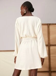 SHEIN Lantern Sleeve Elastic Waist A-line Dress - Apricot - View 2