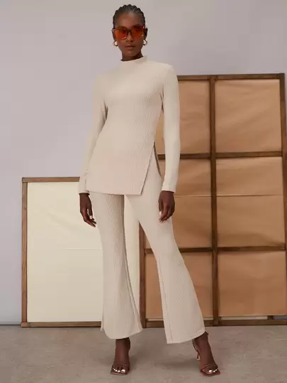 SHEINMockNeckSplitHemTee&FlareLegPants - Popular on SHEIN