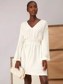 SHEIN Lantern Sleeve Elastic Waist A-line Dress - Apricot - View 4