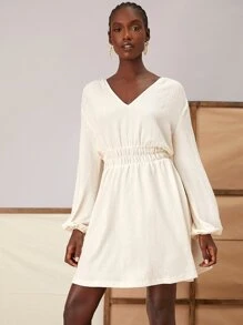 SHEIN Lantern Sleeve Elastic Waist A-line Dress - Apricot - View 5