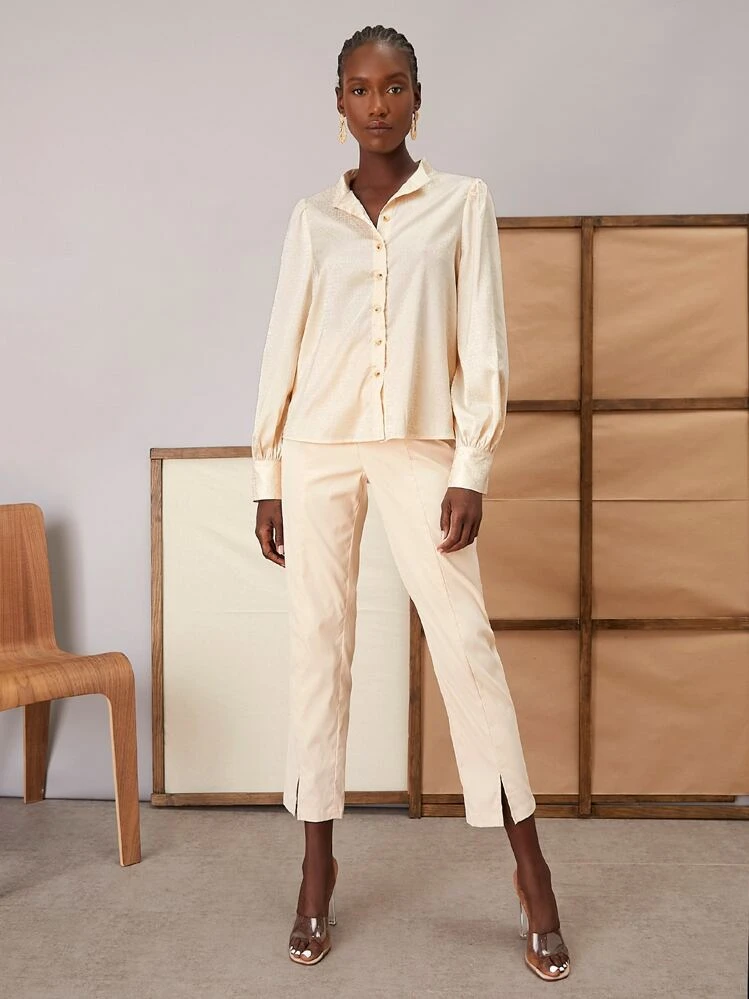 SHEIN Essnce כפתורים קדמיים פשוט אלגנטי חולצות לנשים - משמש - ראה 2