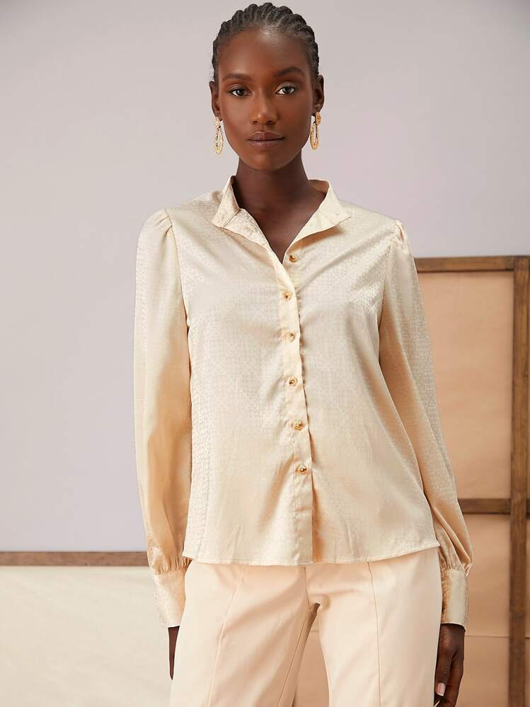 SHEIN Essnce כפתורים קדמיים פשוט אלגנטי חולצות לנשים - משמש - ראה 3