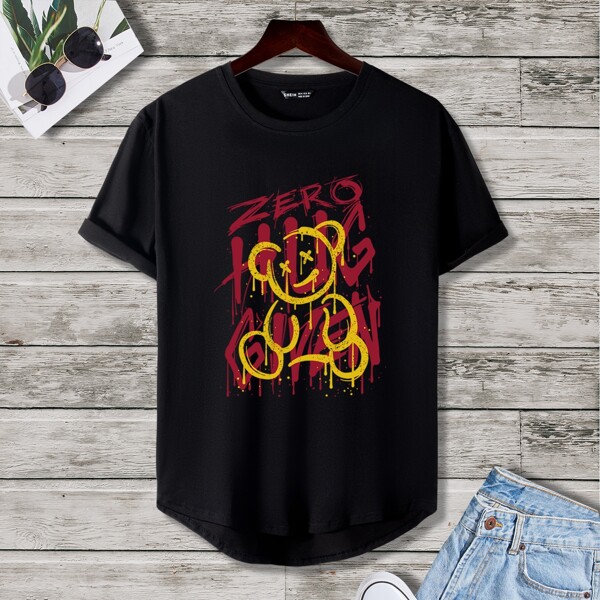 

Men Cartoon And Letter Graphic Tee, Black
