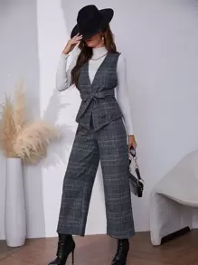 Modelyn 威爾斯親王格紋腰帶西裝背心和長褲 - 灰色 - 查看 1