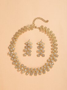 Flower Decor Drop Earrings & Necklace - Yellow Gold - View 1