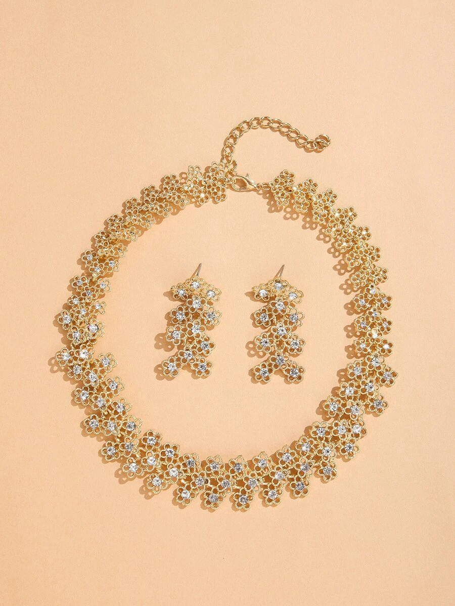 Flower Decor Drop Earrings & Necklace - Yellow Gold - View 1