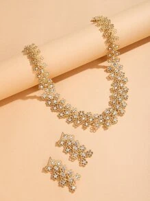 Flower Decor Drop Earrings & Necklace - Yellow Gold - View 2