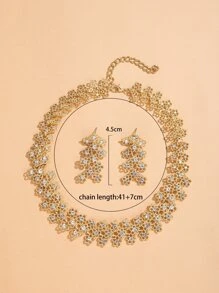 Flower Decor Drop Earrings & Necklace - Yellow Gold - View 3