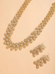 Flower Decor Drop Earrings & Necklace - Yellow Gold - View 4