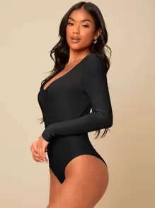 SHEIN BAE Body de cuello en V profundo sólido - Negro - Ver 3