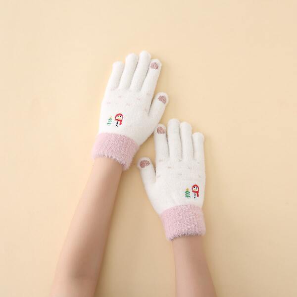 

Snowman Embroidered Fuzzy Gloves, Multicolor