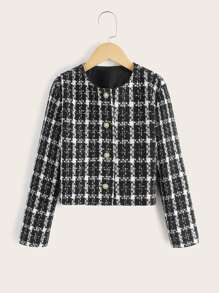 SHEIN Niñas Abrigo con patrón de cuadros tweed - Blanco y Negro - Ver 1