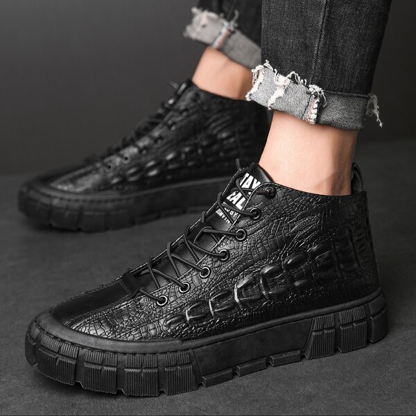 

Men Crocodile Embossed Combat Boots, Black
