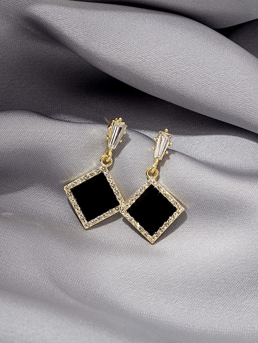 方晶鋯石裝飾幾何耳墜 - 黑色 - 查看 1