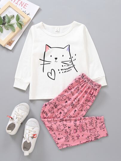 Young Girl Cartoon Cat & Heart Print PJ Set
