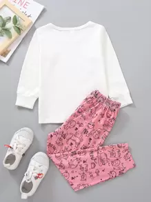 Young Girl Cartoon Cat & Heart Print PJ Set - Multicolor - View 2