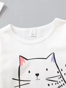 Young Girl Cartoon Cat & Heart Print PJ Set - Multicolor - View 3